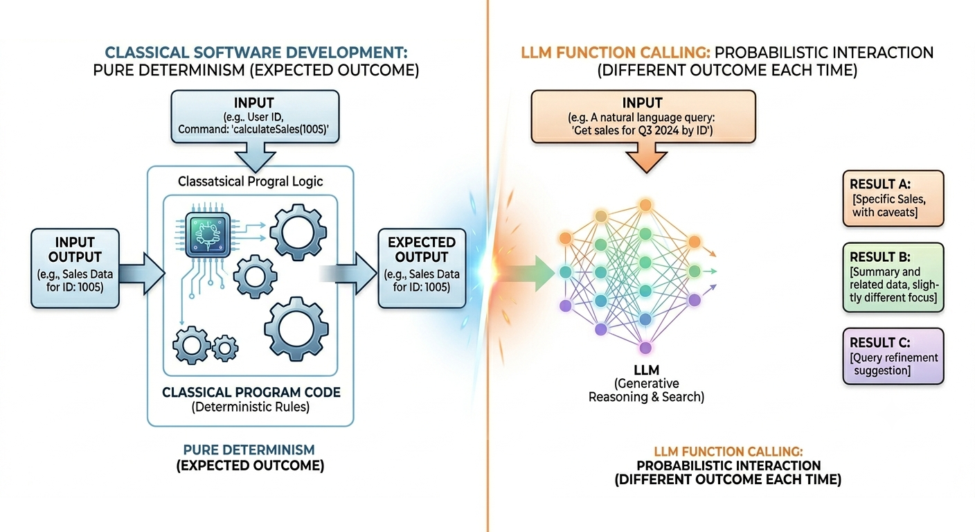 O determinismo encontra as probabilidades: por que function calling com LLMs é diferente do desenvolvimento de software clássico