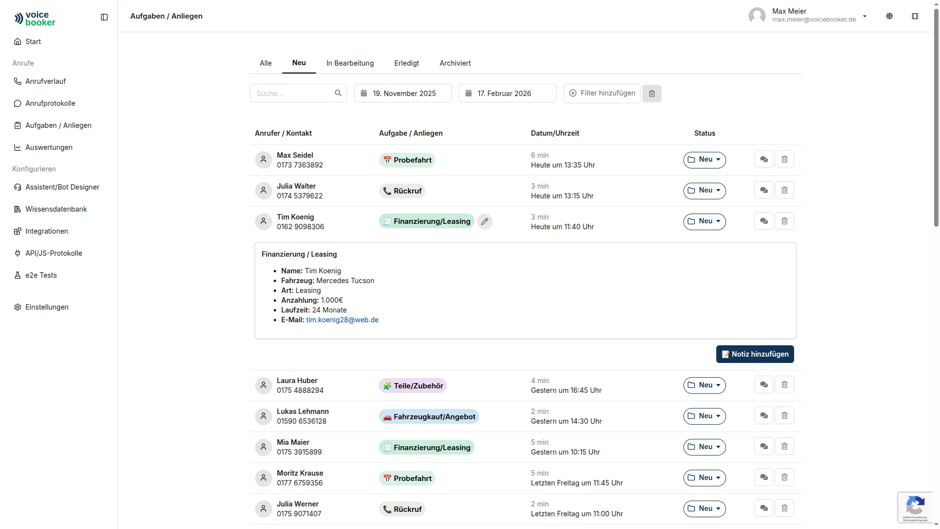 Painel para rastrear tarefas e consultas recebidas