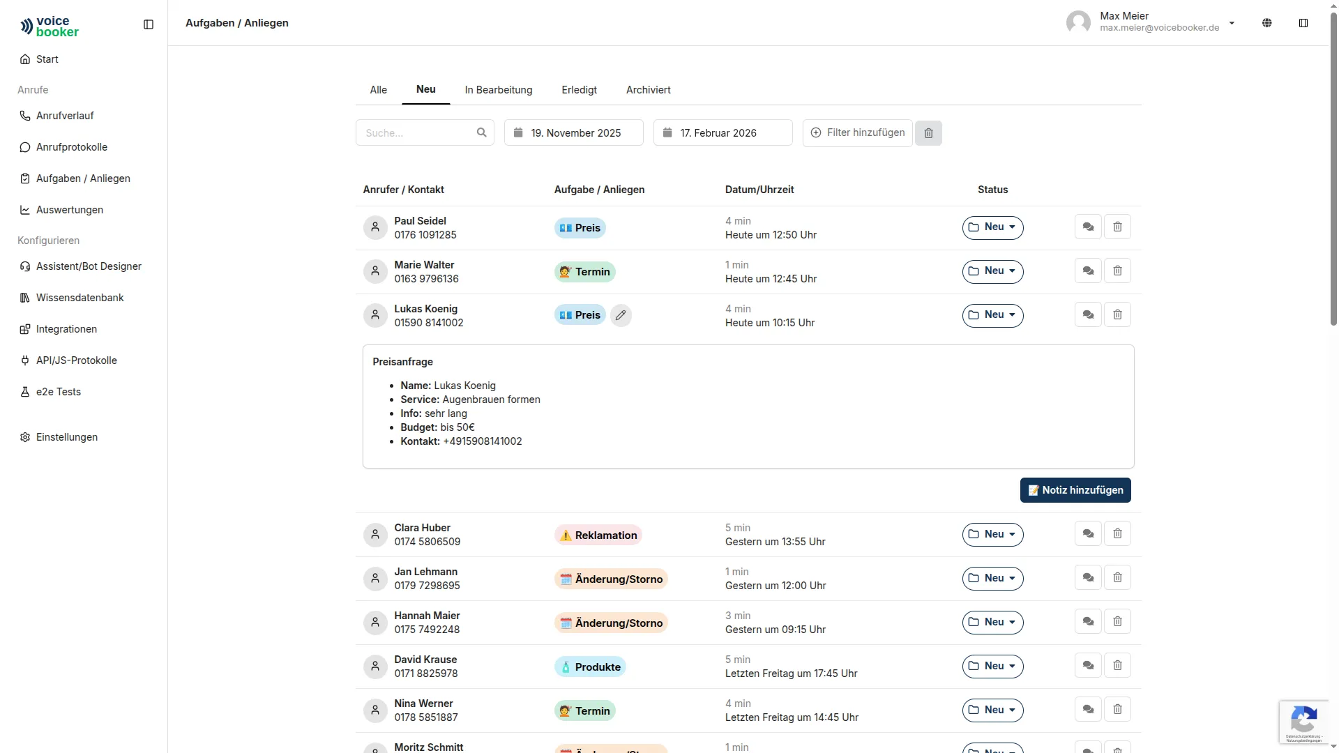 Panel de control para realizar un seguimiento de las tareas y consultas entrantes
