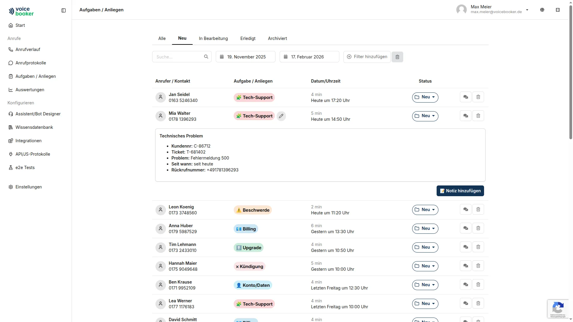 Painel para rastrear tarefas e consultas recebidas