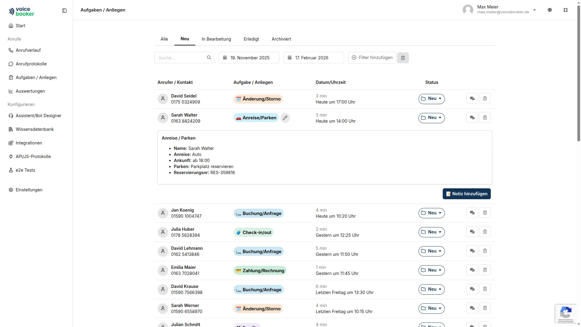 Dashboard zur Verfolgung eingehender Aufgaben und Anfragen