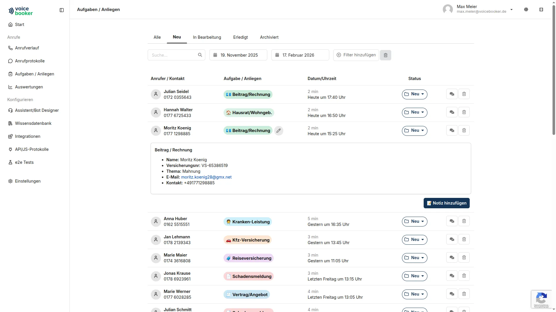 Dashboard zur Verfolgung eingehender Aufgaben und Anfragen