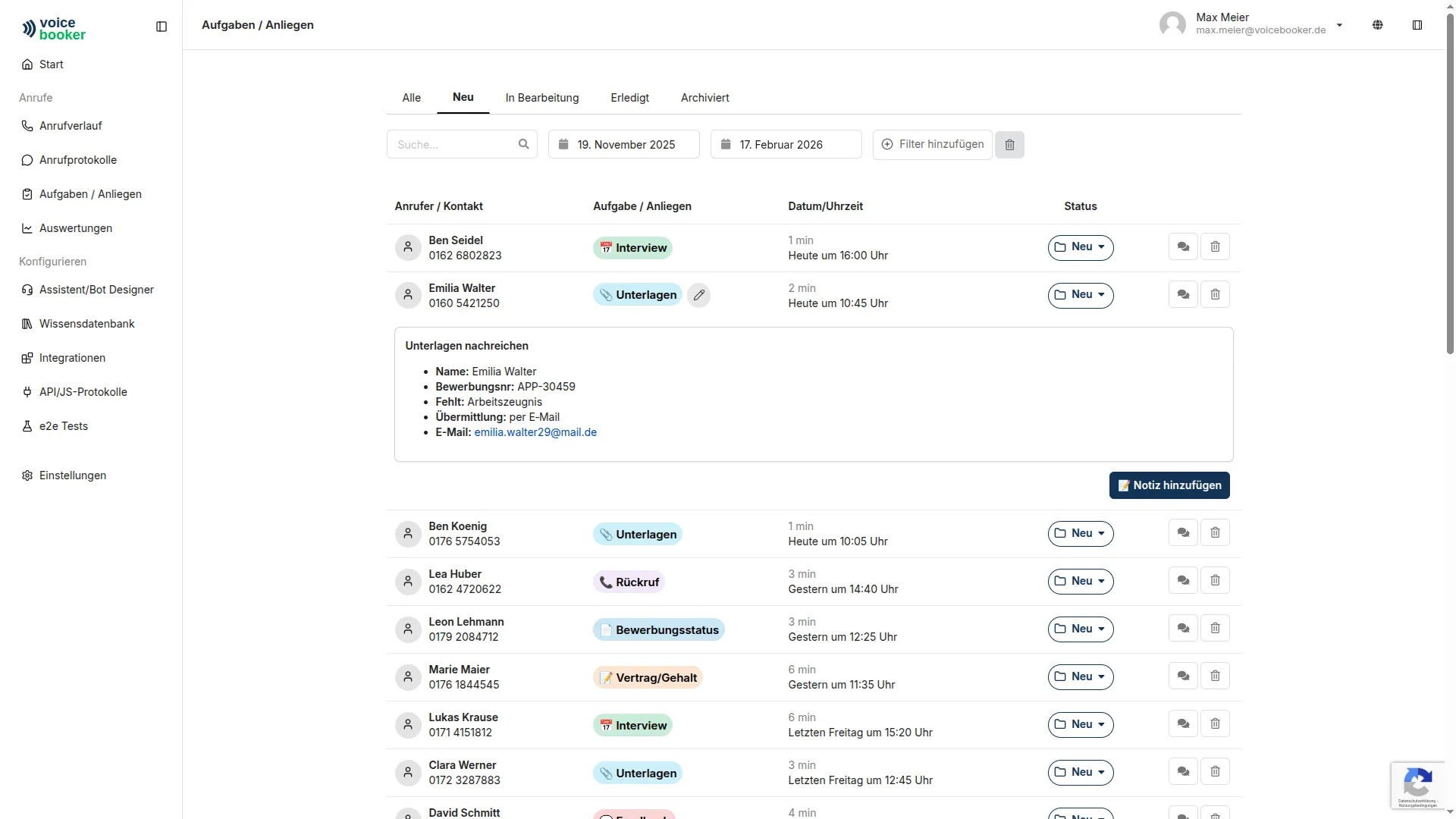 Dashboard to track incoming tasks and inquiries