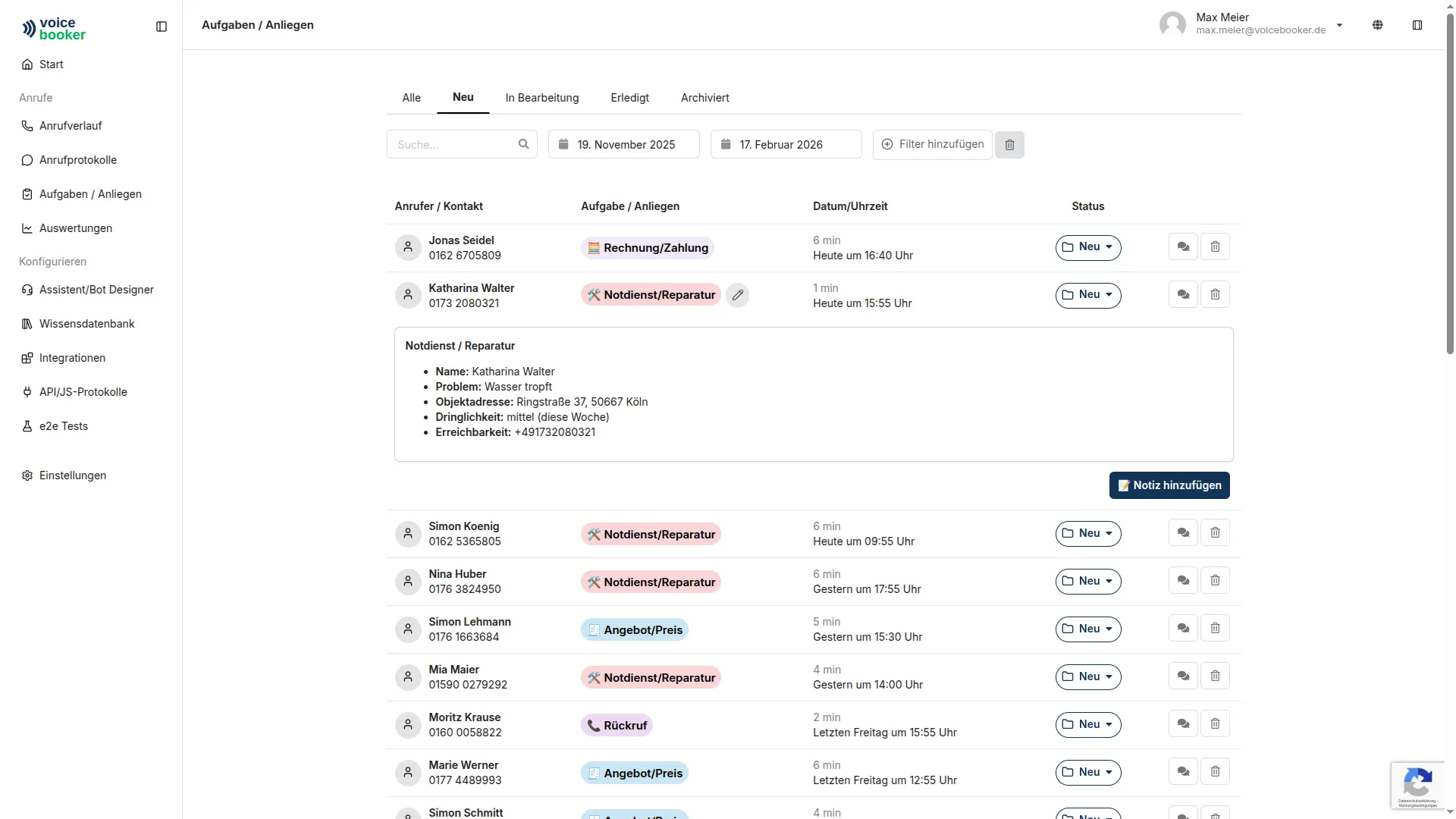 Dashboard to track incoming tasks and inquiries