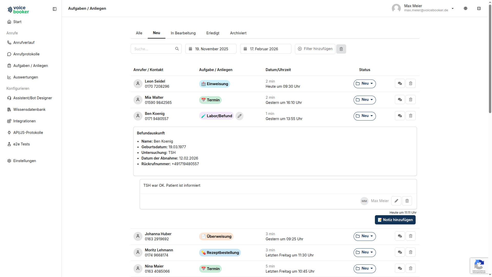 Dashboard zur Verfolgung eingehender Aufgaben und Anfragen